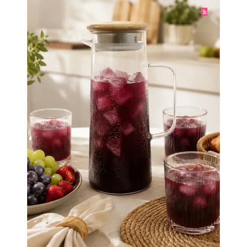 Jarra Vidro Borossilicato 1,4l Tampa Bamb Para Mesa Posta Água Suco Chá Café Bebidas Quentes Frias Drinks Uso Diário...
