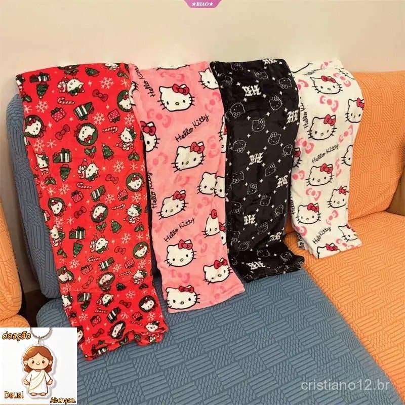 Novo Sanrio Hello Kitty Pijamas Flanela Moda Calças Femininas Kawaii Lã Anime Dos Desenhos Animados Casual Casa