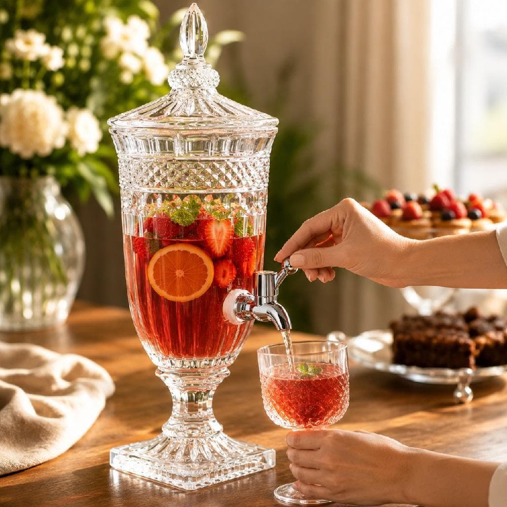 SUQUEIRA DE VIDRO CRISTAL 1.8L DISPENSER MULTIUSO PARA ÁGUA SUCO CHÁ BEBIDAS JARRA LUXO PARA FESTA CASAMENTO E EVENTOS