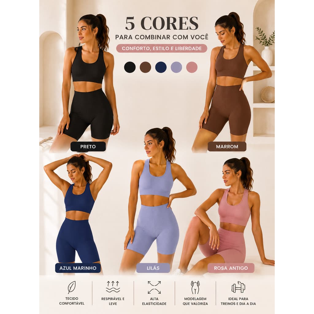 Conjunto Fitness Feminino Sem Costura Top e Short Cintura Alta Academia Yoga Treino