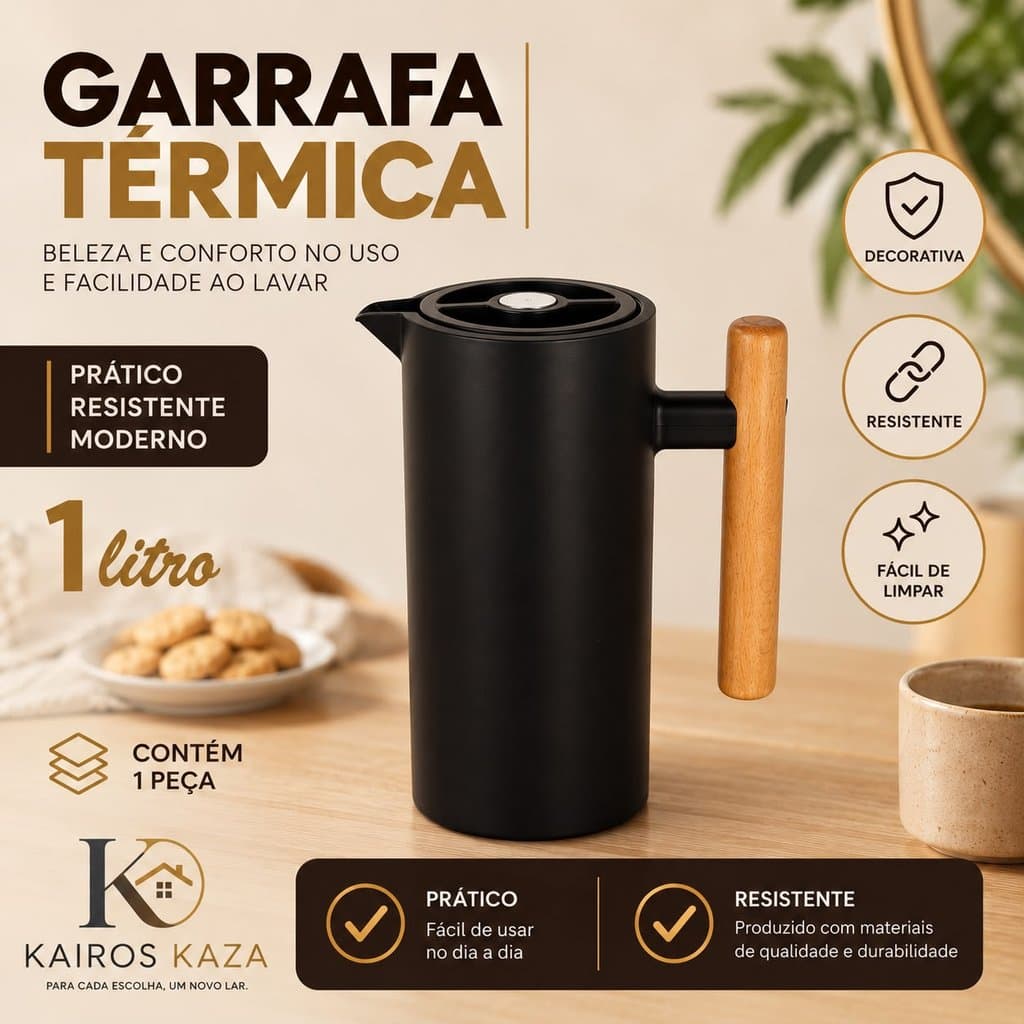 Garrafa Térmica 1 Litro Preta ou Branca com Alça de Madeira para Casa