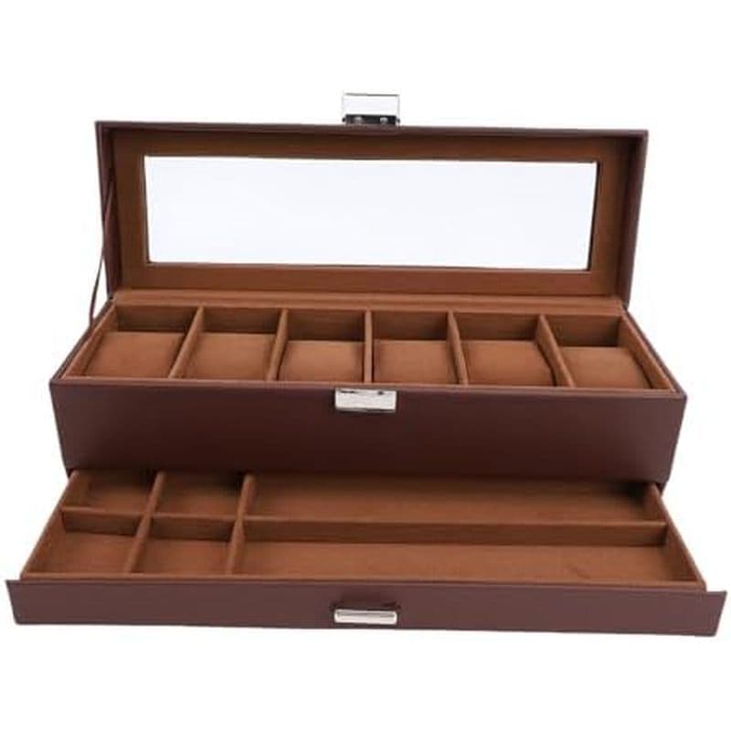 Caixa De Relógio Para Homens , Vitrine De 6 Slots , Organizador De 2 Camadas Com Tampa , Suporte E Armazenamento Present
