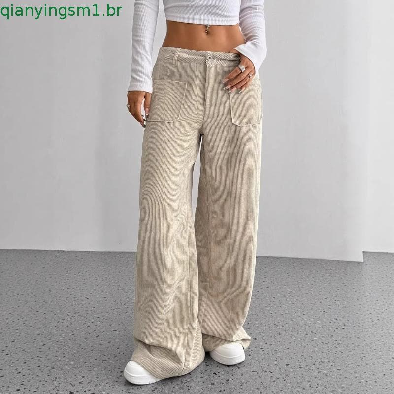 Calça Feminina Veludo Cotelê Pernas Largas , Macia E Quente Para Trabalho