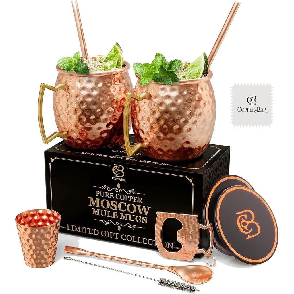 COPPER-BAR Moscow Mule Copper Mugs - Conjunto de 2 Canecas de Cobre Únicas FEITAS À MÃO, marteladas por artesãos, 100% c