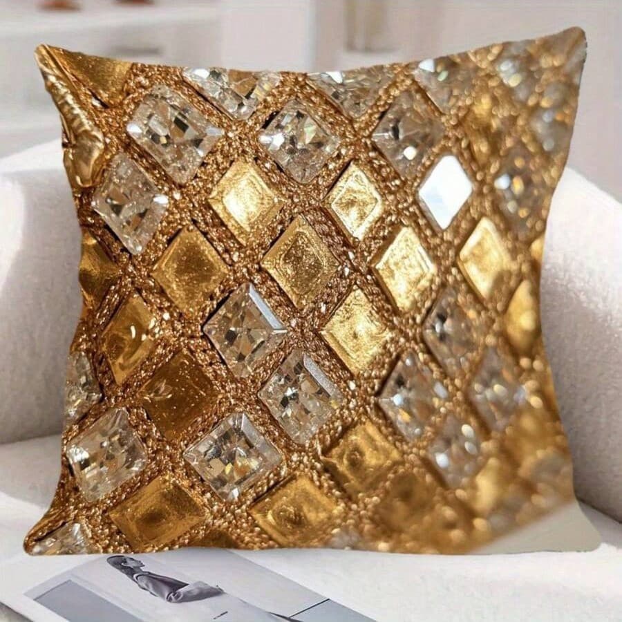 Capa De Almofada Luxuosa Com Pedras Preciosas De Simulação 3D De 45x45cm-Fronha De Encosto De Cabeça Macia E Curta De Pe