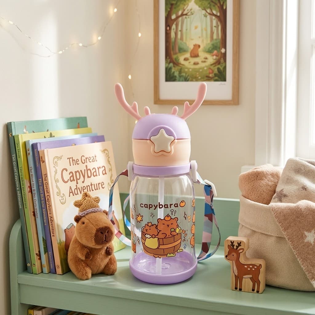 Garrafa Infantil 600ml Atóxica com Canudo de Silicone Macio e Alça para Crianças