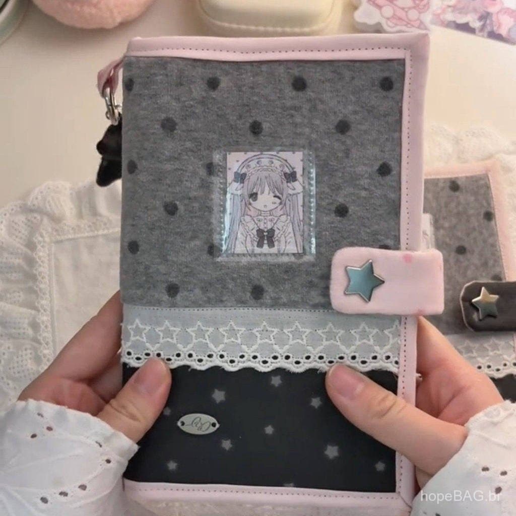 Porta-passaporte de renda com bolinhas cinza e rosa, estilo coreano, feito à mão, bolsa de tecido multifuncional portáti