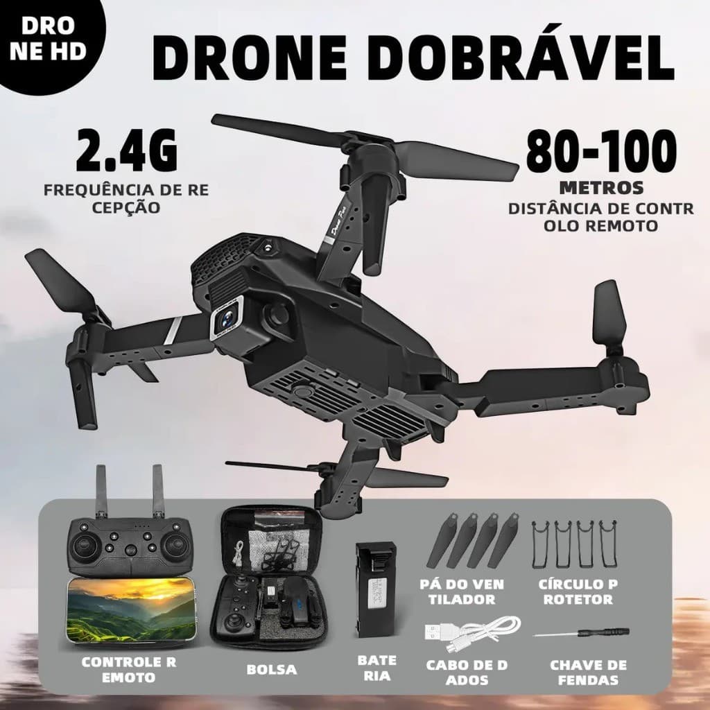 Drone E88 Wi-Fi FPV com Câmera HD Fotografia Aérea Preto