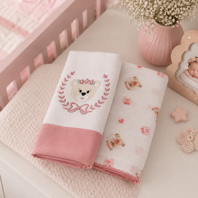 Kit 2 Toalha Bordada/Estampada Ursinha Luxo Bebê Menina Tecido Macio de Fralda 100% Algodão Cor Rosa