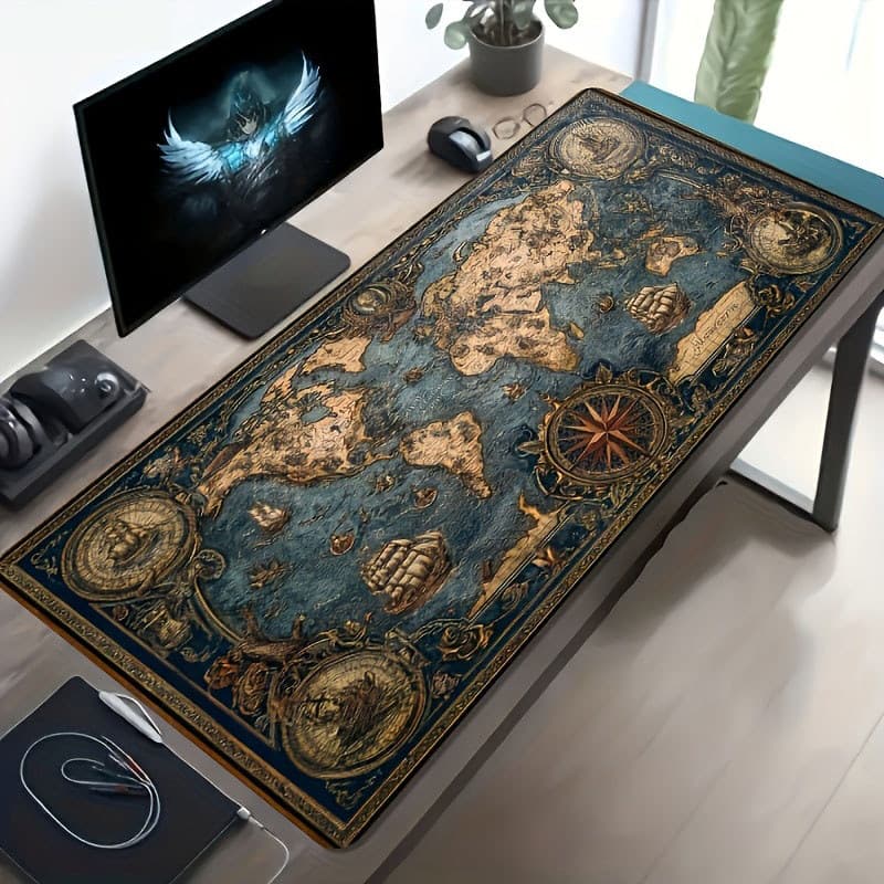 Tapete De Rato Para Jogos Com Bússola De Mapa Mundi Náutico Vintage Azul Escuro , Mesa Grande À Prova D'água De Borracha
