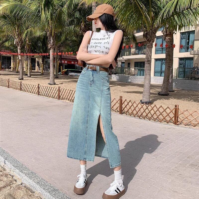 [Novidades] Saia jeans de cor clara feminina novo estilo tamanho grande coberto de quadril linha A comprimento médio sai