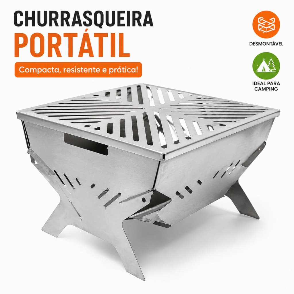 Churrasqueira Portátil Camping Dobrável em Aço Inox Desmontável Compacta 30x28cm