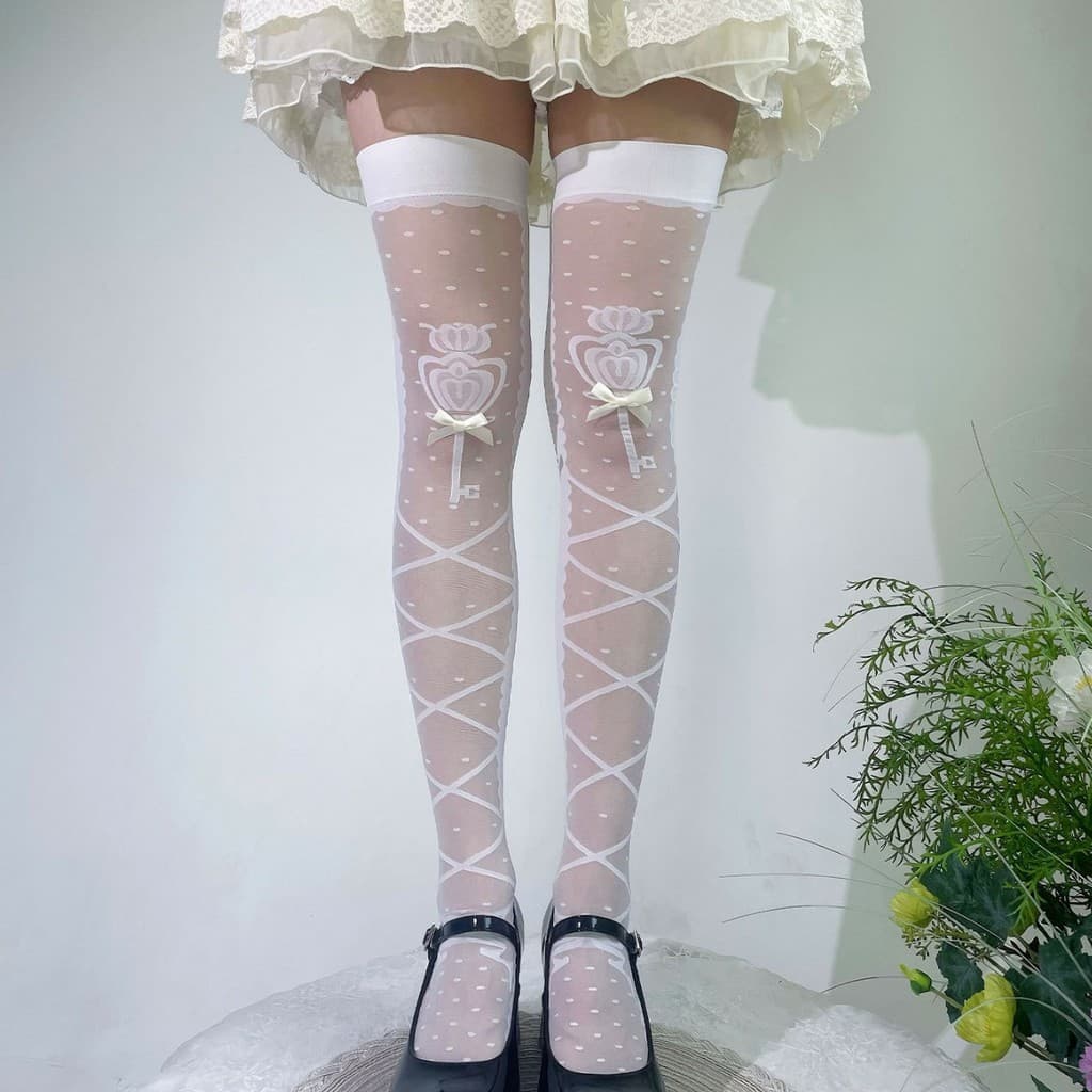 Meias finas acima do joelho estilo Lolita doce japonesa, meias altas jacquard fofas estilo Lolita.