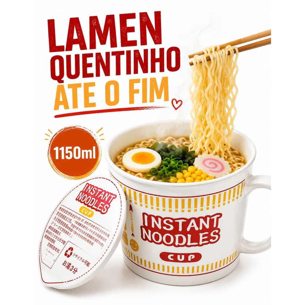 Caneca Tigela Cerâmica Grande 1150ml Para Lámen Miojo Macarrão Instantâneo Com Tampa e Alça