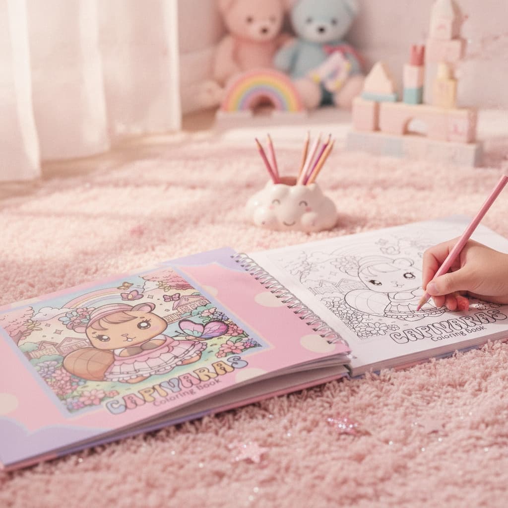 Livro de Colorir Infantil Temático Capivara Rosa Desenhos Originais Lúdicos para Estimular a Cr