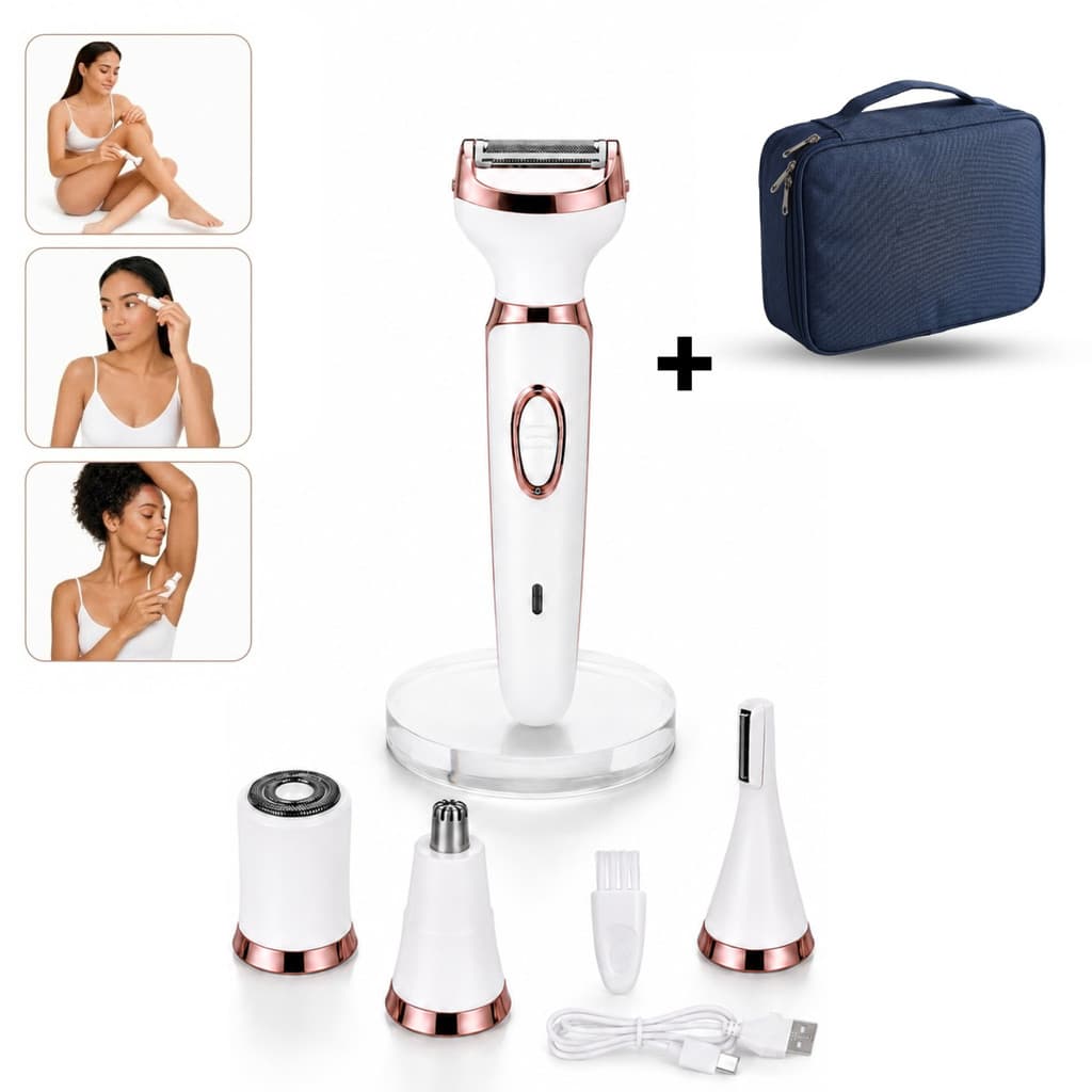 Kit Depilador Feminino 4 Em 1 Elétrico Bivolt + Necessaire Branco 127/220v
