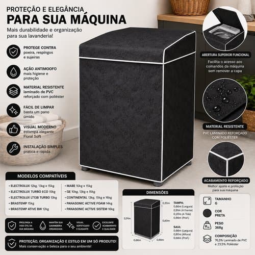 Capa Proteção Maquina Lavar PVC Resistente Tampa Protege Poeira Umidade Grande Preta