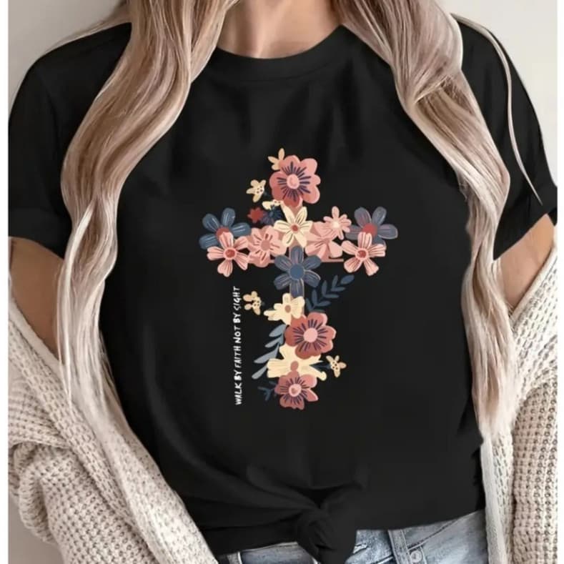T-Shirt Feminina Camiseta Básica Religiosa Cristã Estampa Cruz Floral Blusa 100% Algodão Casual