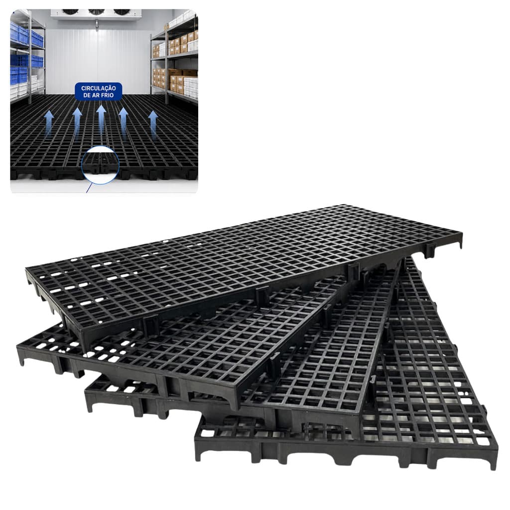 Kit 10 Palete Estrado Plástico 25x50x2,5 cm Piso Modular Preto Câmara Fria Estoque Lavanderia Açougue Cozinha Canil