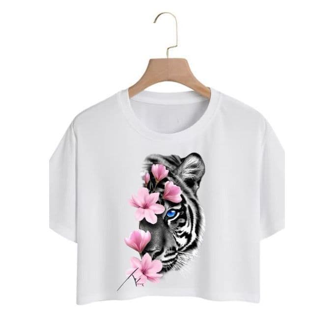 Cropped T-Shirt Oversize Tigre Rosas 100% Algodao Lançamento