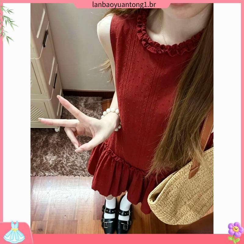 Mais fino olhar Bud vestido vermelho menina novo estilo Retro em torno do pescoço Jacquard oco vestido bordado solto nic