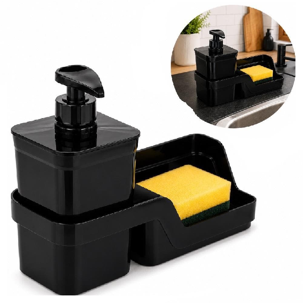 Dispenser Porta Detergente 500ml com Porta Esponja Organizador de Pia Preto