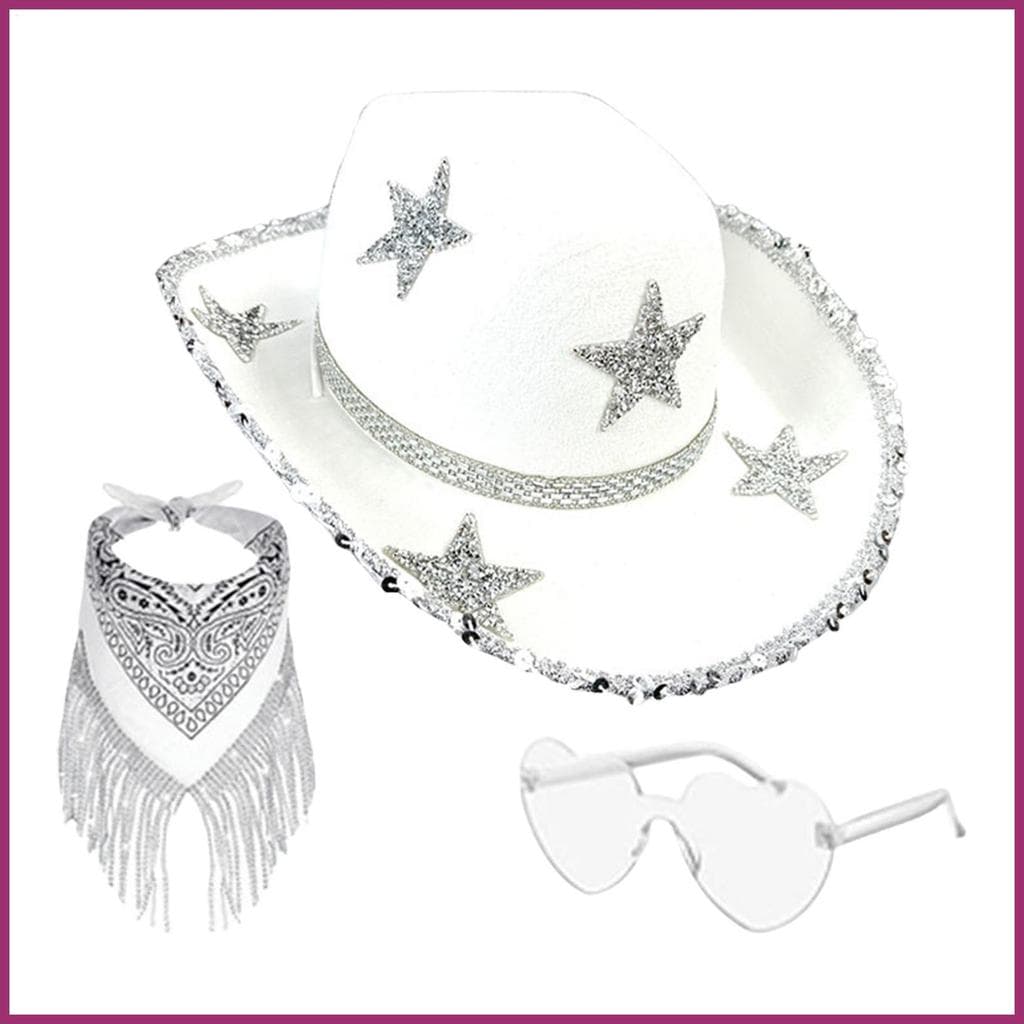 Chapéu De Cowgirl Retro Ocidental Unisex Glitter Bandana Óculos De Sol Conjunto Para Festa Festival Concerto Casamento h