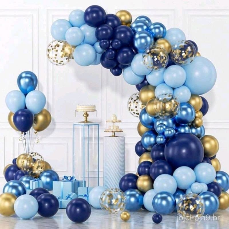 Kit 145 Balões Azul Metalizado Cromado com Dourado + Fita Arco Desconstruído Azulado Escuro Decoração Festa Aniversario
