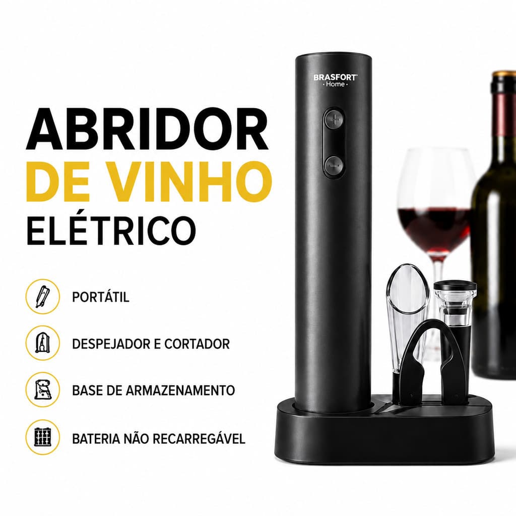 Abridor de Vinho Elétrico Premium com Cortador de Lacre e Despejador