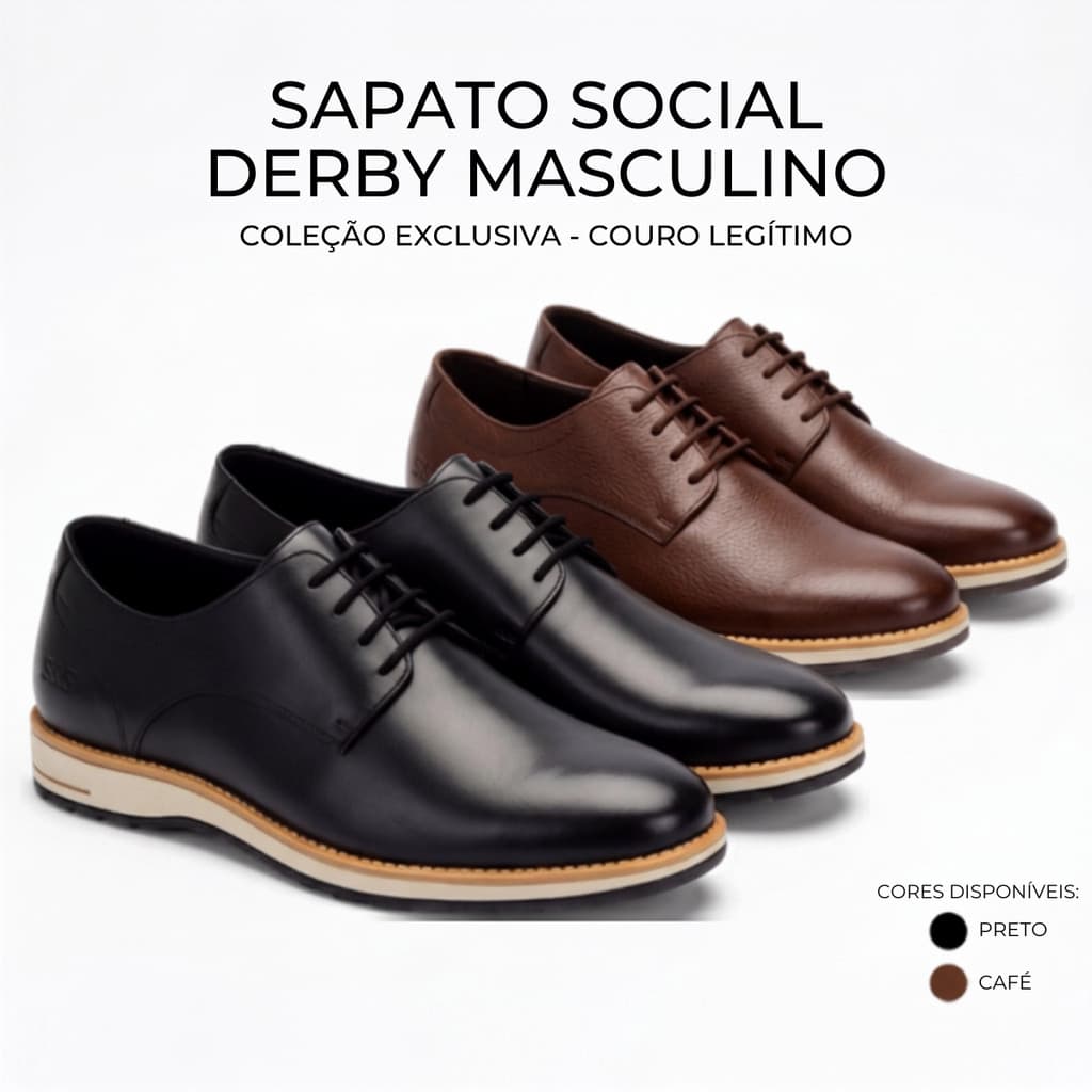 Sapato Social Masculino Clássico Preto e Café Em Couro Legítmo Confortável com Cadarço Solado Resistente Trabalho