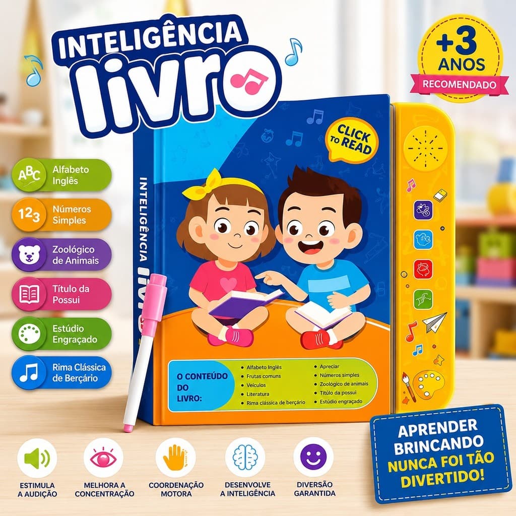 Livro Inteligente Infantil Educativo Interativo Sons Aprender Letras Inglês Português