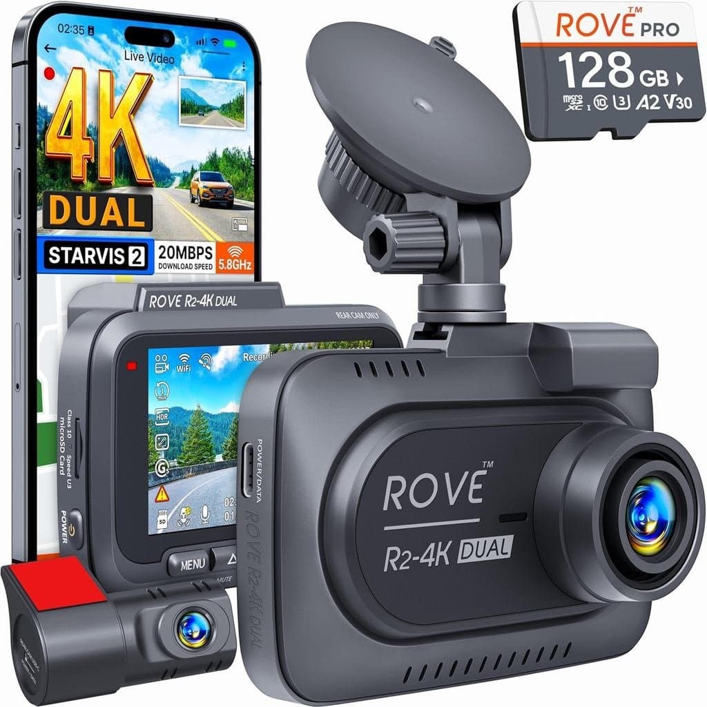 Câmera Veicular ROVE R2-4K DUAL Frontal e Traseira, Sensor STARVIS 2, Cartão de 128GB Grátis Incluído, WiFi 5G - velocid