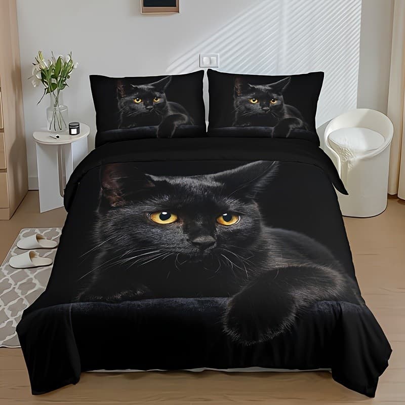 3 PCS Moda Preto Bonito Gato Casa Impressão Digital Capa de Colcha Conjunto de Três Peças