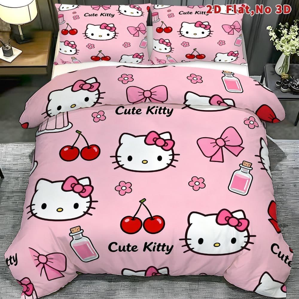 Conjunto de 3 peças de capa de edredão plana de gato de desenho animado 2D | Roupa de cama elegante, Design moderno resp