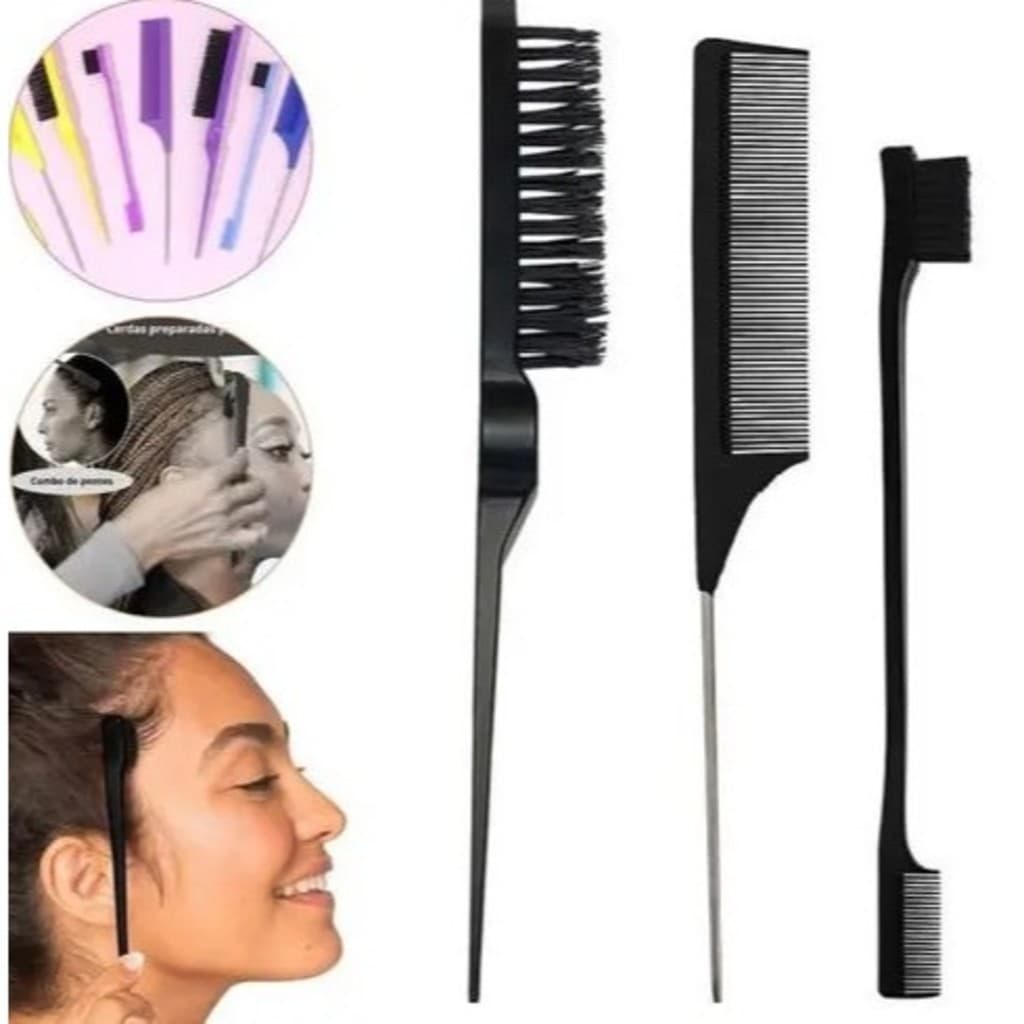 Kit 3 Peças para Coloração de Cabelo – Pente, Escova e Escova de Detalhes
