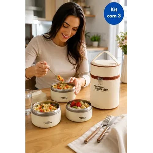 Bolsa Termica Com 3 Marmitas Termicas Inox Premium Conservando Temperatura Frio Aquecer Micro-ondas Valvula De Respiro
