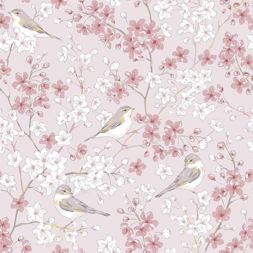 VEELIKE Papel de Parede Adesivo Flor de Cerejeira Rosa Sakura, Papel de Parede Vintage com Pássaros, Papel de Parede Flo