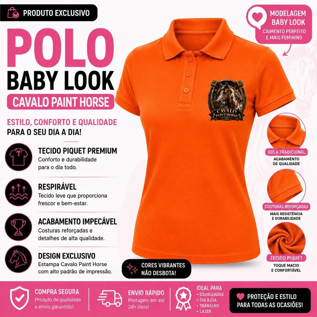 Camisa Polo Feminina Baby Look Cavalo Paint Horse