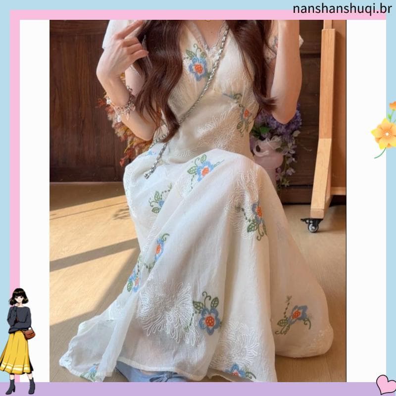 2026 verão novo estilo bordado francês indústria pesada mais magro olhar vestido saia longa elegante