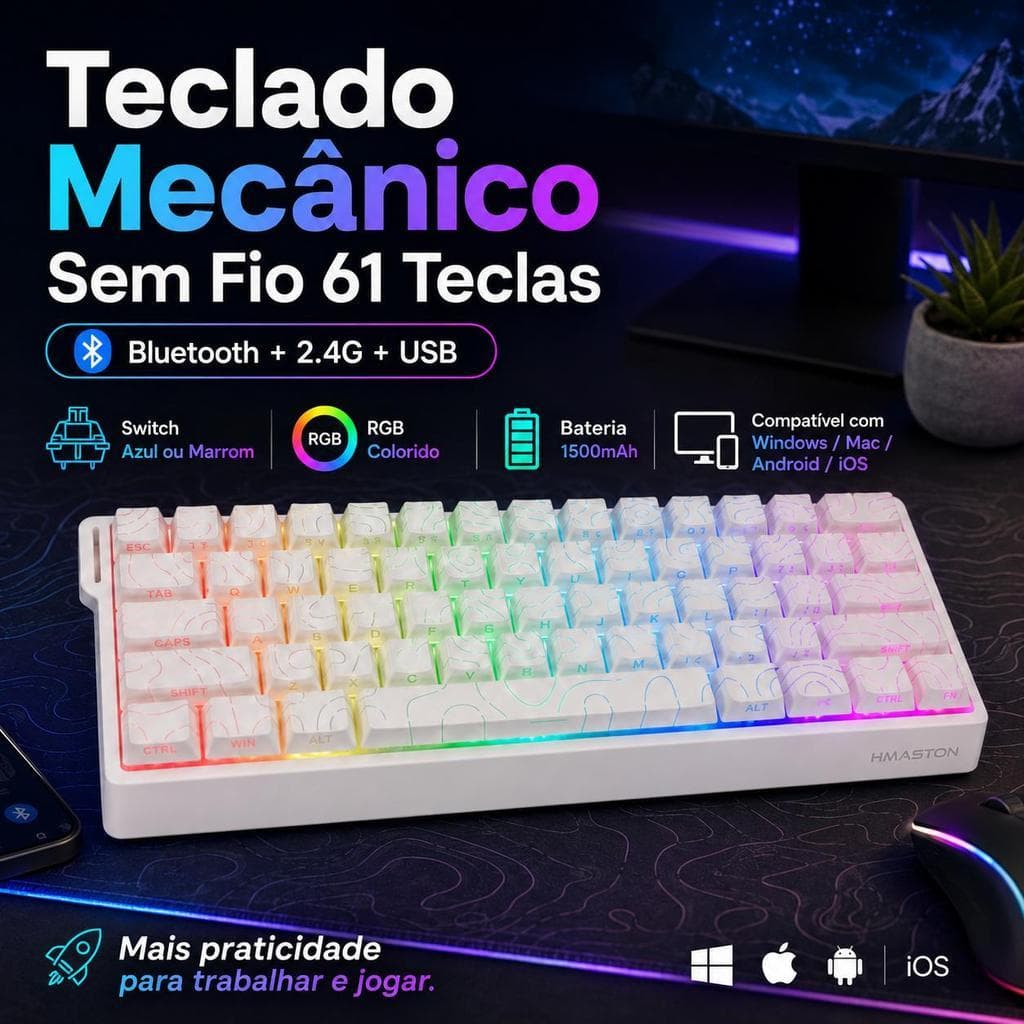 H'MASTON Teclado Mecânico Gamer TK12 RGB Hot Swap com Switch Customizado 61 Teclas