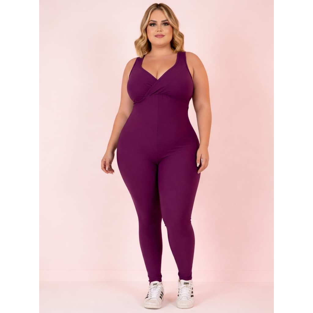 Macacão Longo Fitness Plus Size Feminino Com Bojo Academia Alta Compressão Zero Transparência