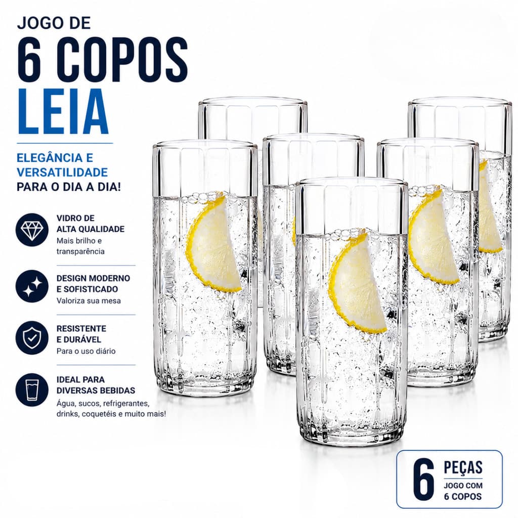Jogo 6 Copos Para Suco Àgua Regrigerante Vidro Grosso Resistente Moderno Elegante Leia 310ml