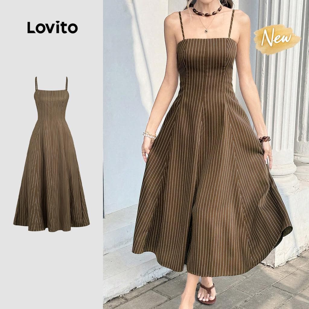 (New Arrival) Lovito Vestido Casual com Zíper Vestido Marrom Primavera/verão para mulheres DRBR37BR202