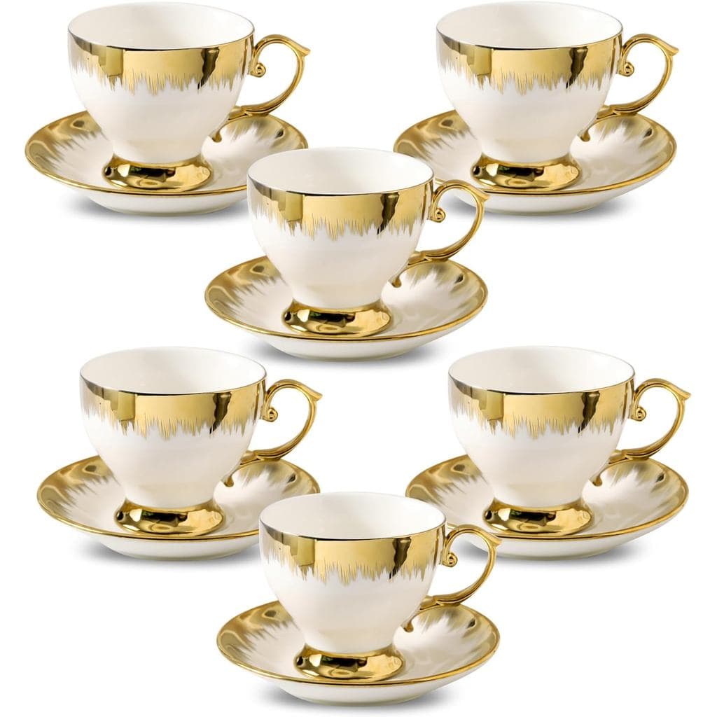 Conjunto de 6 xícaras e pires de chá LETAOTAO, conjunto de xícaras de café turco de 7 oz |   Caneca de Cerâmica com Bord