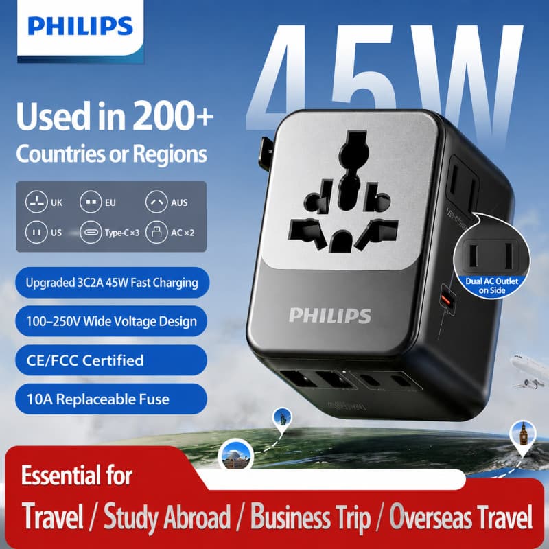 Adaptador De Viagem Universal Philips SPN1617B 45W GaN Carregamento Rápido Para Laptop , 2 Tomadas Ca 3 Tipo C E 2 USB-A