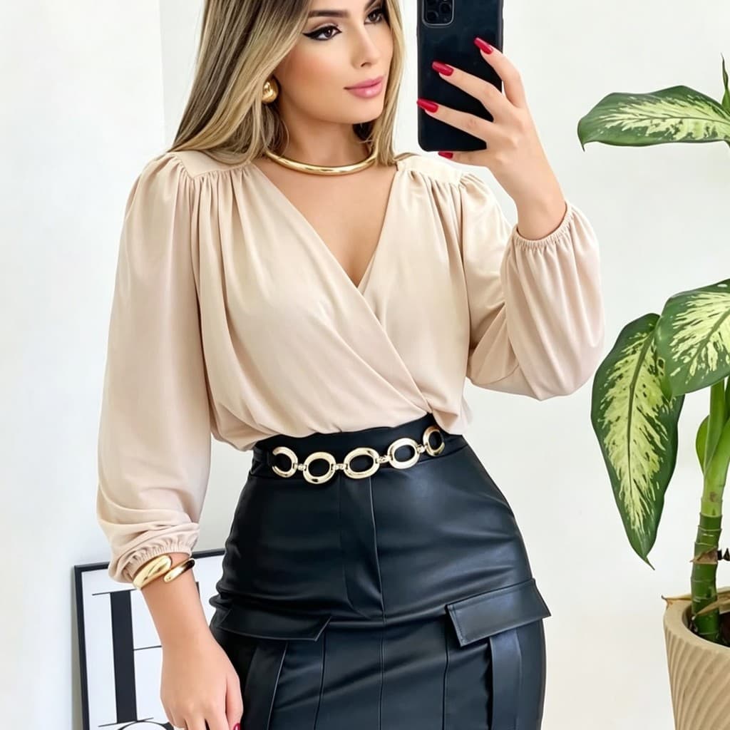 Blusa Feminina Manga Longa Decote V Suplex Tendência Moda Super Envio! !
