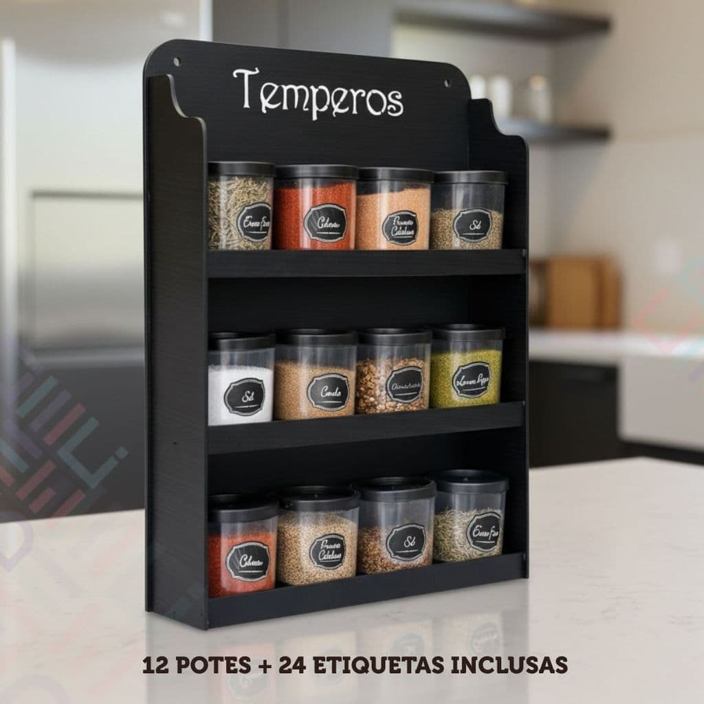 Suporte Porta Tempero de Parede Organizador Condimentos Decoração para Cozinha Mdf Mantimento Potes