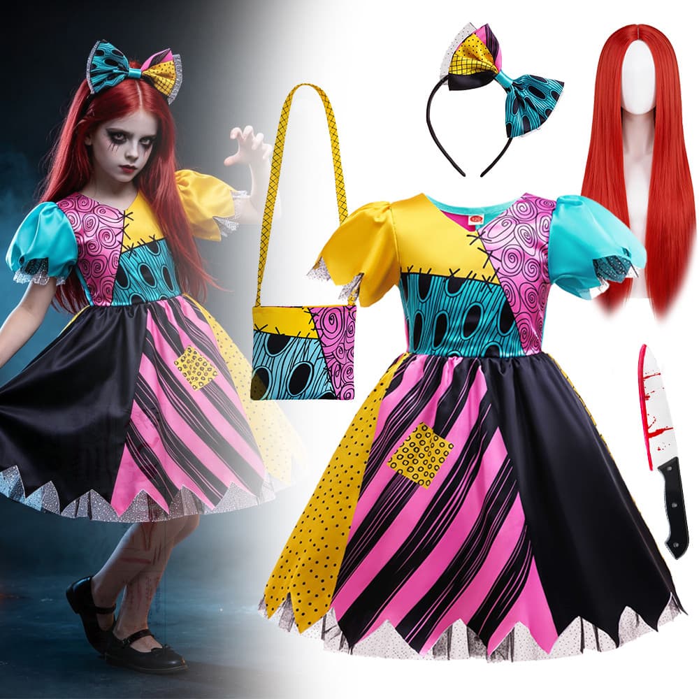 Novas Meninas De Halloween Sally Vestir-Se Retalhos Boneca Traje Truque Ou Deleite Vestido Com Arco Bandana Festa Gótico