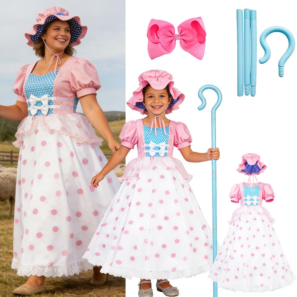 Adulto Feminino Pastora Traje Carnaval Festa Da Criança Meninas Vintage Rosa Polka Dot Vestido Com Gorro Chapéu Família