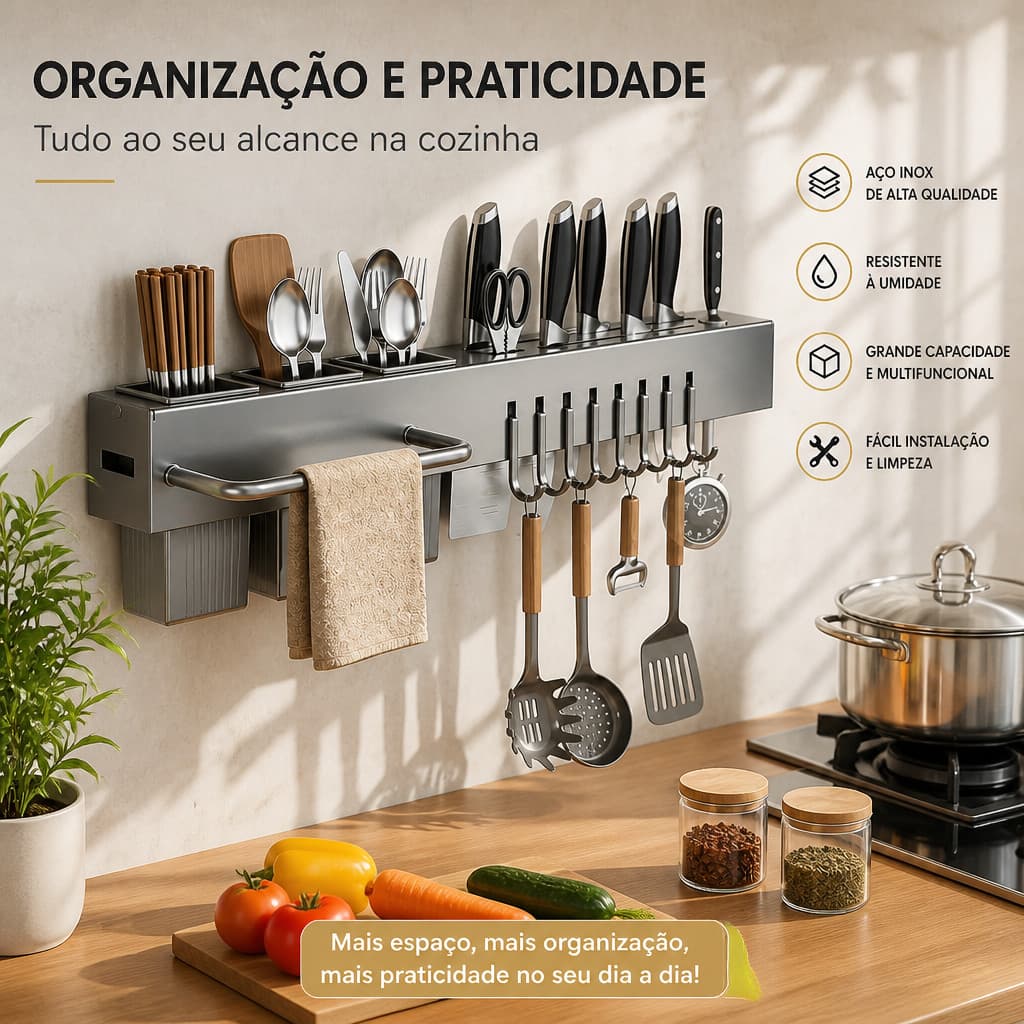 Organizador De Cozinha Suspenso Parede 60cm Porta Utensílios, 10 Ganchos, Toalheiro Multifuncional Porta Facas